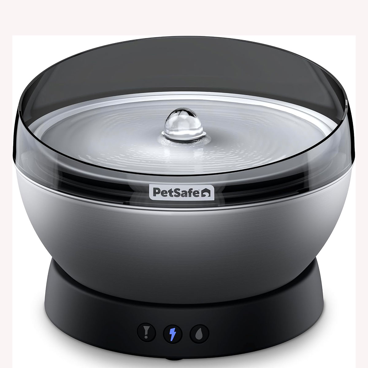 PetSafe HydroSphere 1.7L stainless steel pet fountain with gentle bubbling water and splash guard